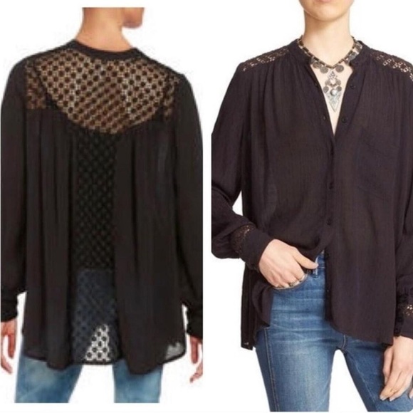 Free People Tops - Free People The Best Blouse Lace Crochet Hi Lo Hem Long Sleeve OB495809